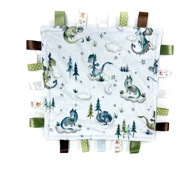 Personalized Lovey, Minky Tag Blanket, Green Dragon Tag Lovey with Sensory Ribbon Tags