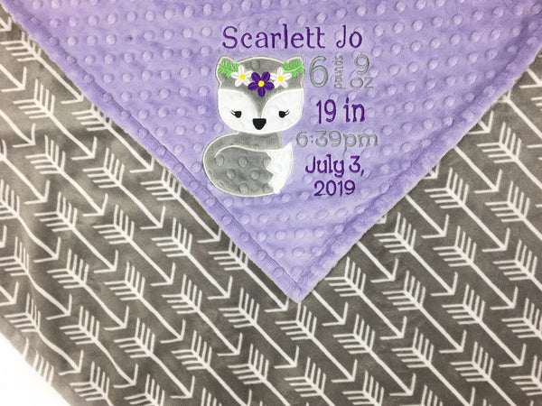 Personalized Baby Blanket, Lavender Gray Minky, Girl Fox, Keepsake Baby Girl Gift, Birthday Gift for Little Girl, Embroidered Blanket