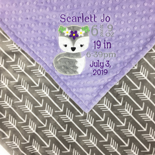 Personalized Baby Blanket, Lavender Gray Minky, Girl Fox, Keepsake Baby Girl Gift, Birthday Gift for Little Girl, Embroidered Blanket