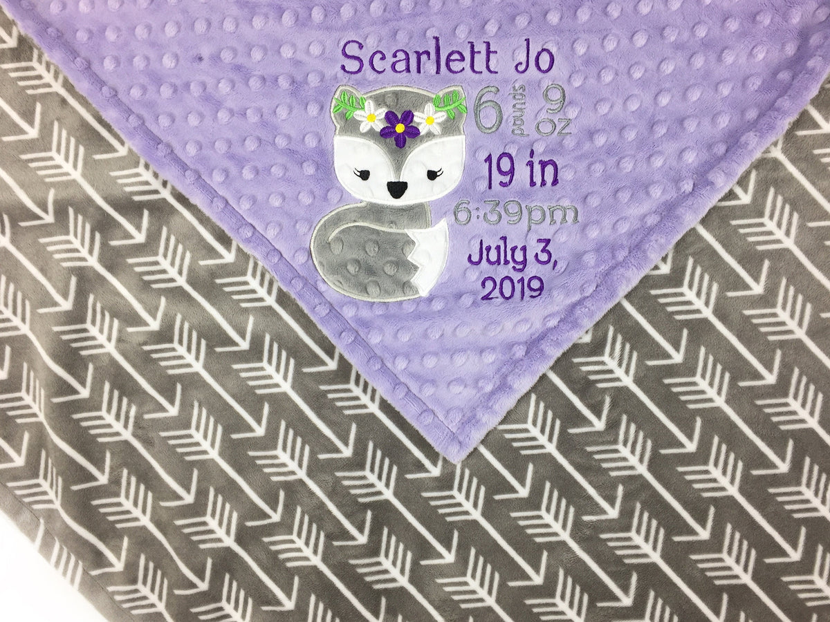 Personalized Baby Blanket, Lavender Gray Minky, Girl Fox, Keepsake Baby Girl Gift, Birthday Gift for Little Girl, Embroidered Blanket