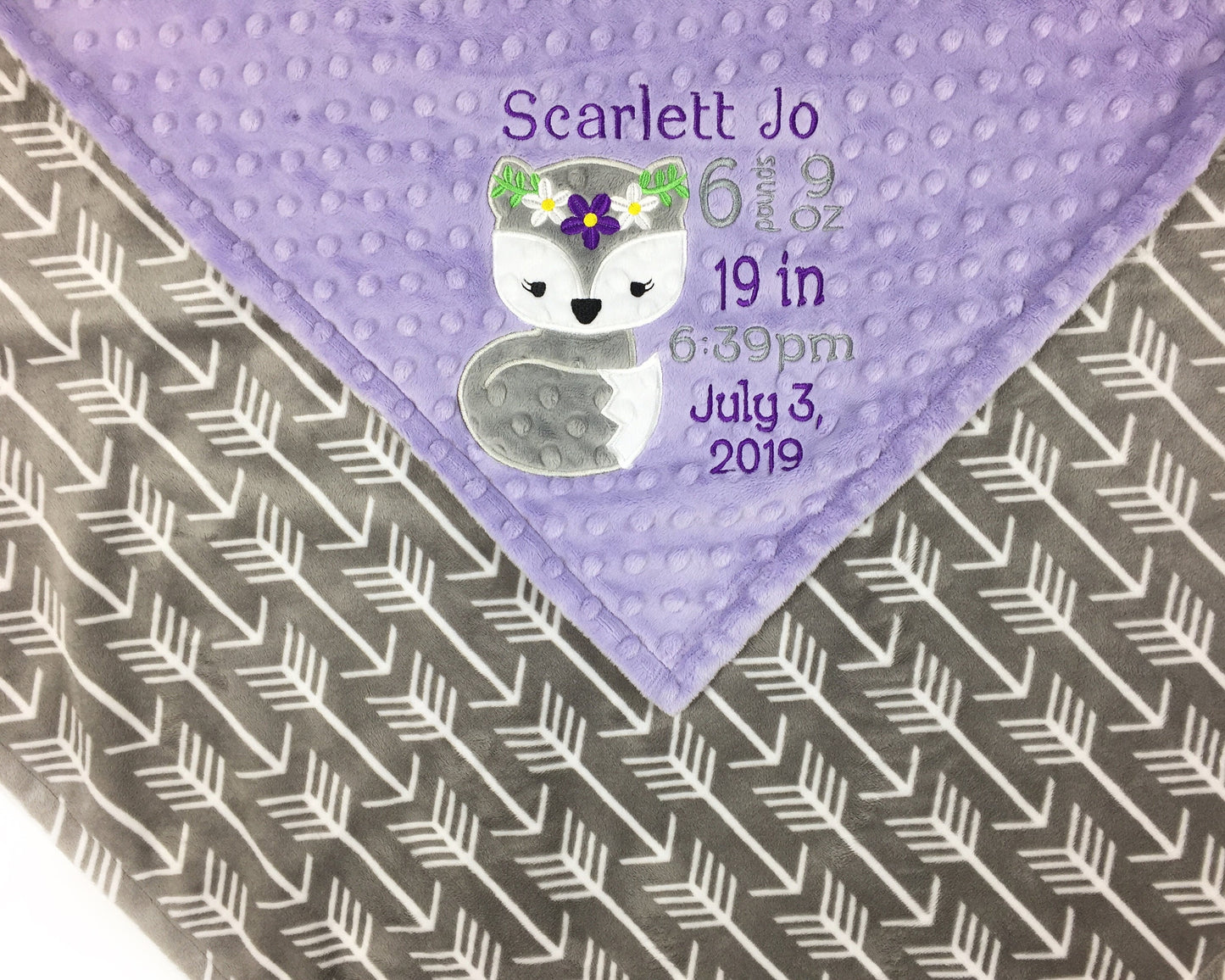 Personalized Baby Blanket, Lavender Gray Minky, Girl Fox, Keepsake Baby Girl Gift, Birthday Gift for Little Girl, Embroidered Blanket