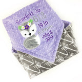 Personalized Baby Blanket, Lavender Gray Minky, Girl Fox, Keepsake Baby Girl Gift, Birthday Gift for Little Girl, Embroidered Blanket