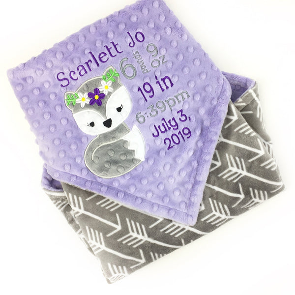 Personalized Baby Blanket, Lavender Gray Minky, Girl Fox, Keepsake Baby Girl Gift, Birthday Gift for Little Girl, Embroidered Blanket