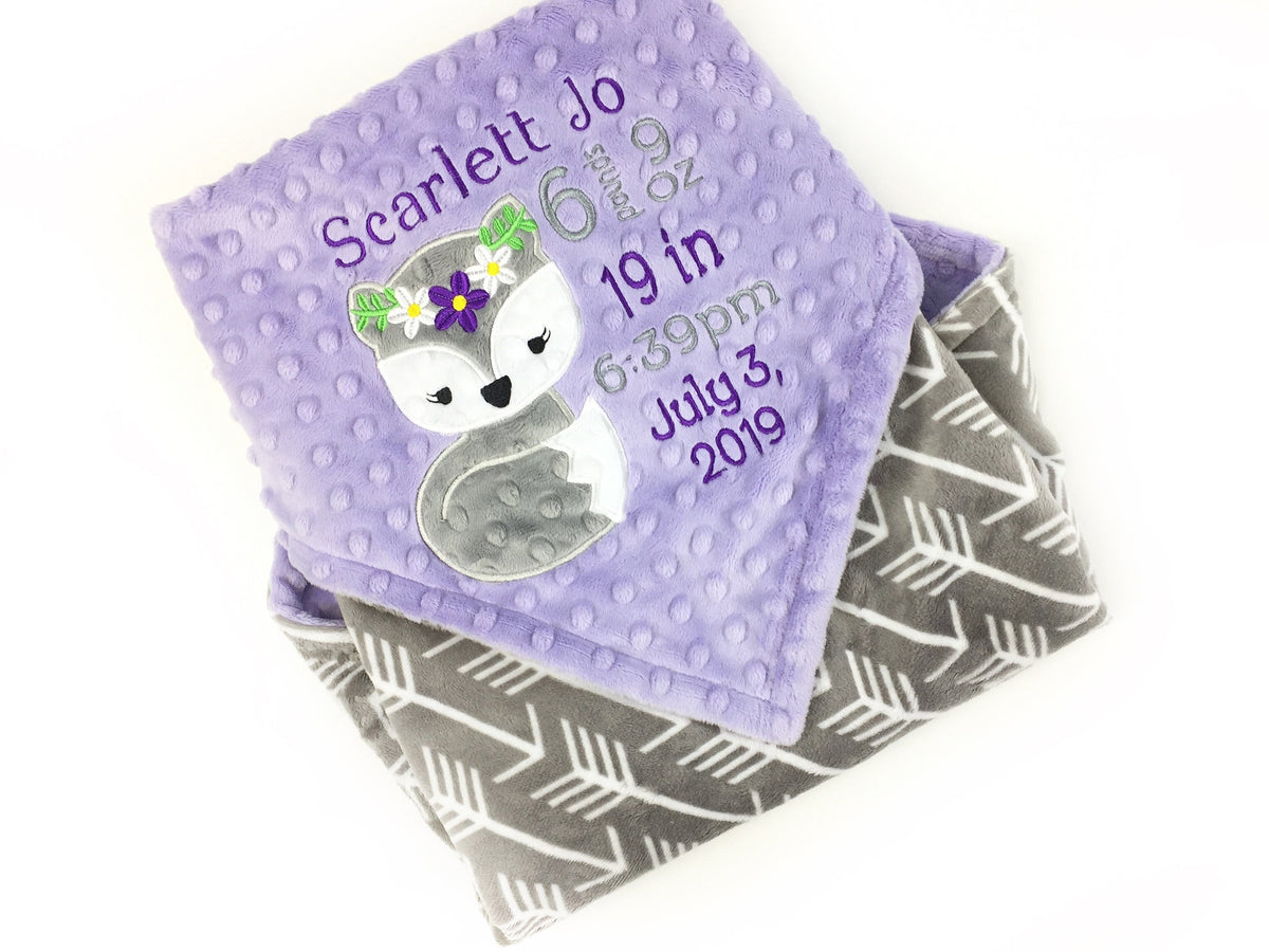 Personalized Baby Blanket, Lavender Gray Minky, Girl Fox, Keepsake Baby Girl Gift, Birthday Gift for Little Girl, Embroidered Blanket