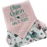 Baby blanket with personalized text and pink minky, featuring llama animals 