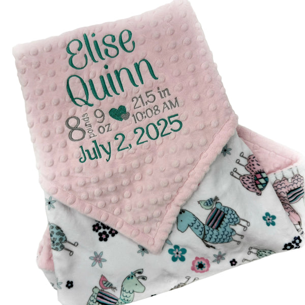 Baby blanket with personalized text and pink minky, featuring llama animals 