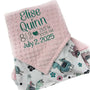 Baby blanket with personalized text and pink minky, featuring llama animals 