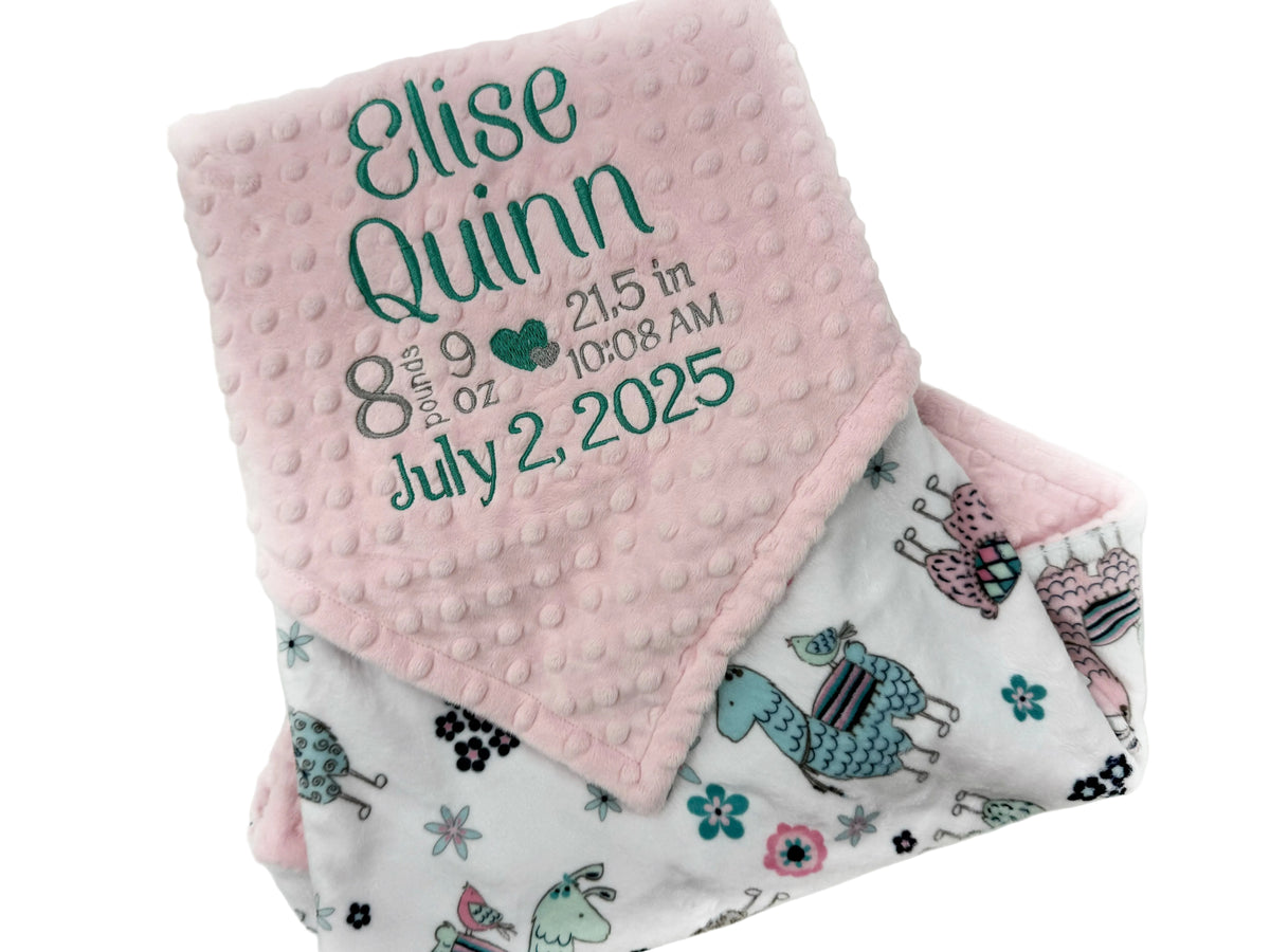Baby blanket with personalized text and pink minky, featuring llama animals 