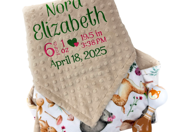 Personalized Baby Blanket in Tan with Woodland Animal Print, Birth Stats