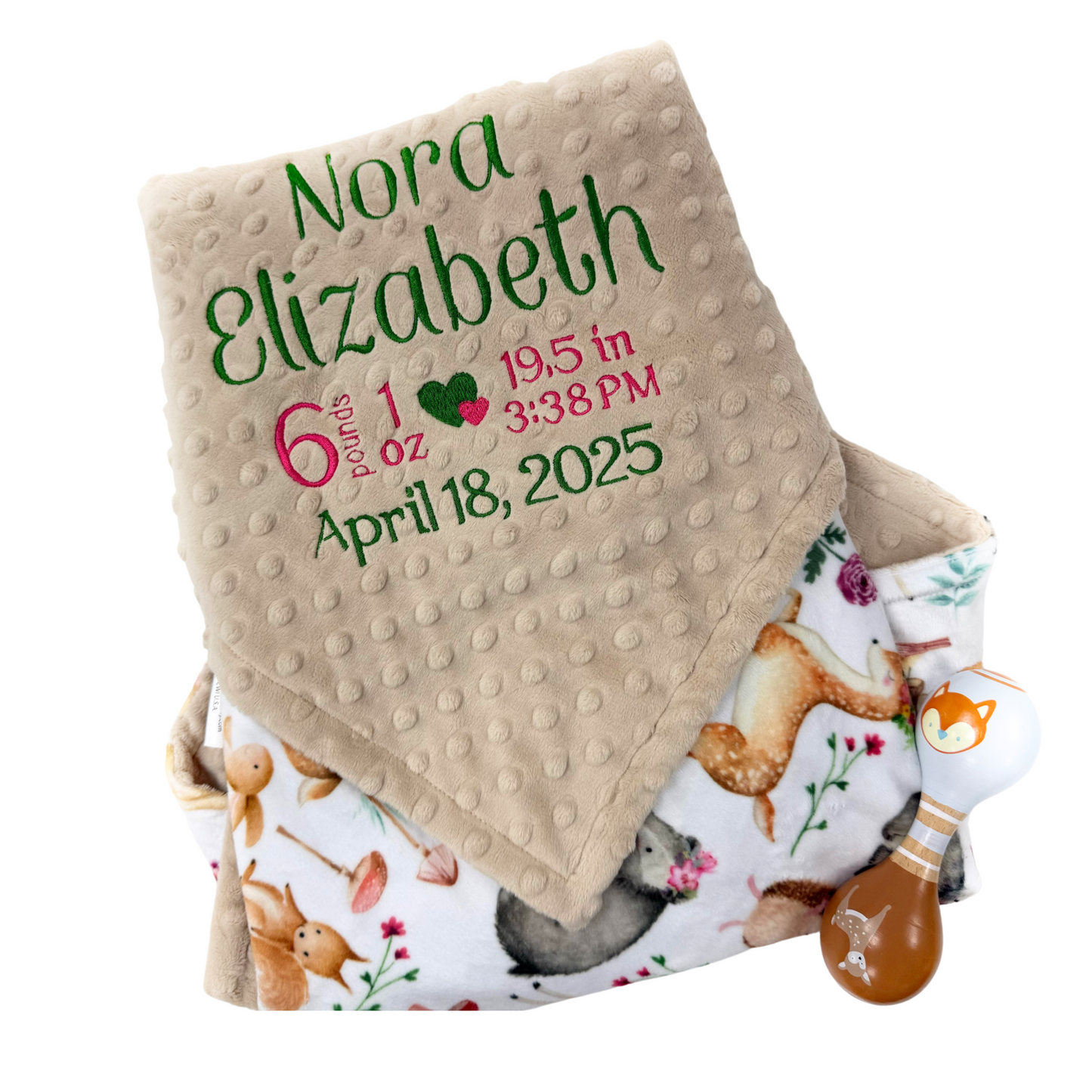 Personalized Baby Blanket in Tan with Woodland Animal Print, Birth Stats