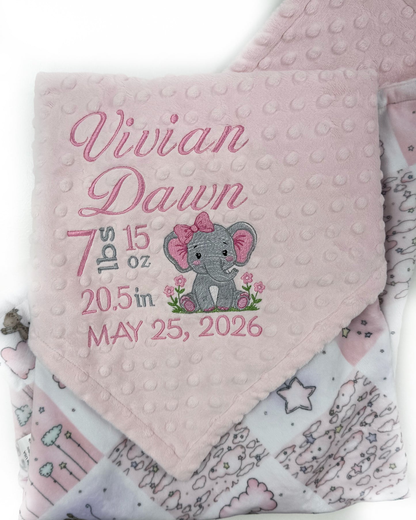 Custom Baby Blanket, Pink Quilt Minky Print with Elephants, Embroidered Birth Stats, Gift for Baby Girl