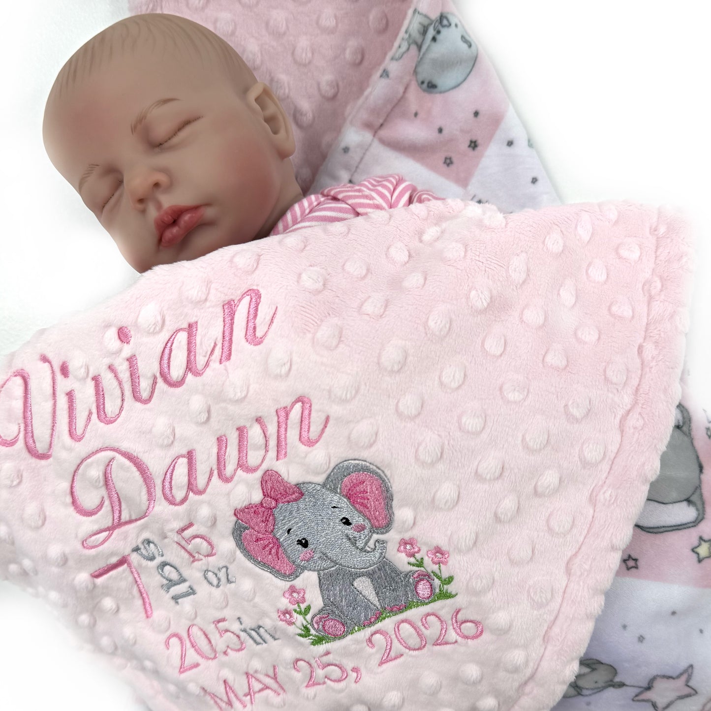 Custom Baby Blanket, Pink Quilt Minky Print with Elephants, Embroidered Birth Stats, Gift for Baby Girl