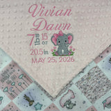 Baby blanket with elephant design and personalized text on a pink background