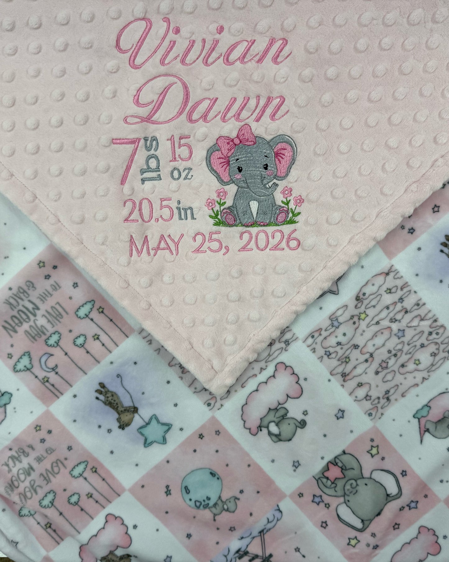 Custom Baby Blanket, Pink Quilt Minky Print with Elephants, Embroidered Birth Stats, Gift for Baby Girl