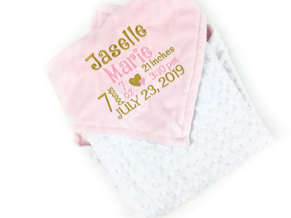 Minky Baby Blanket, Pink Gold and White, Personalize with Name or Birth Stats, Keepsake Baby Gift