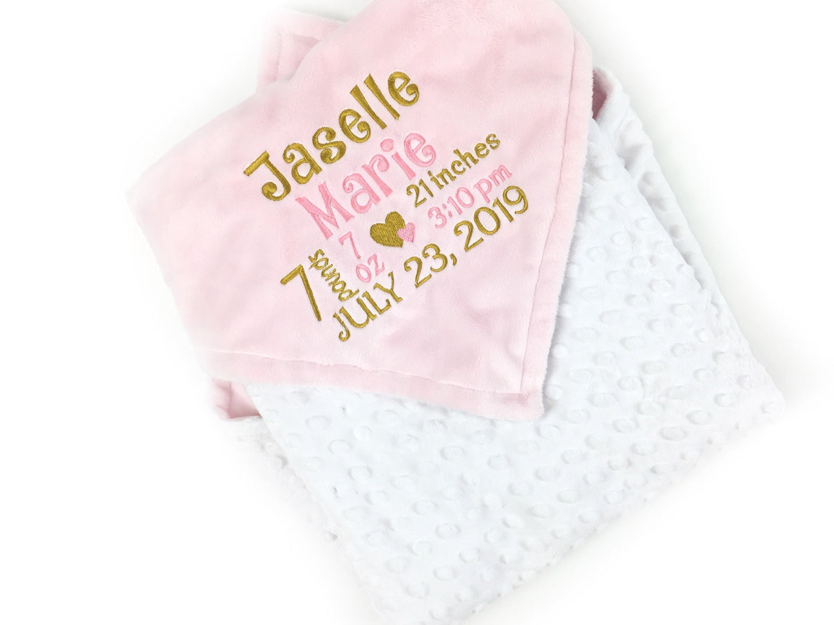 Minky Baby Blanket, Pink Gold and White, Personalize with Name or Birth Stats, Keepsake Baby Gift