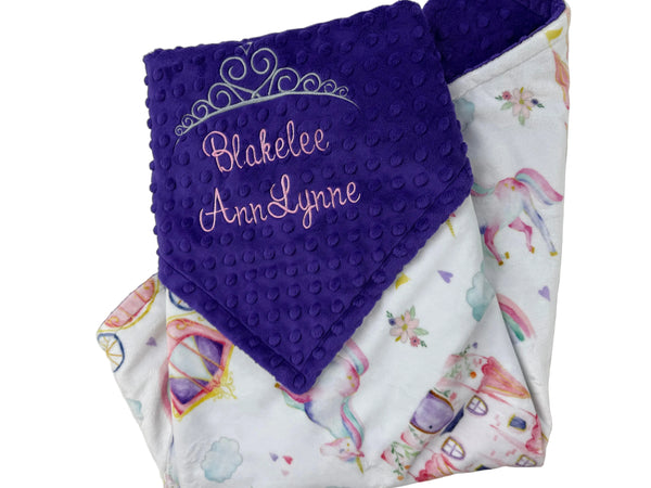 Personalized Baby Blanket in Purple and Fairtale Minky with Name and Crown, Newborn Baby Gift