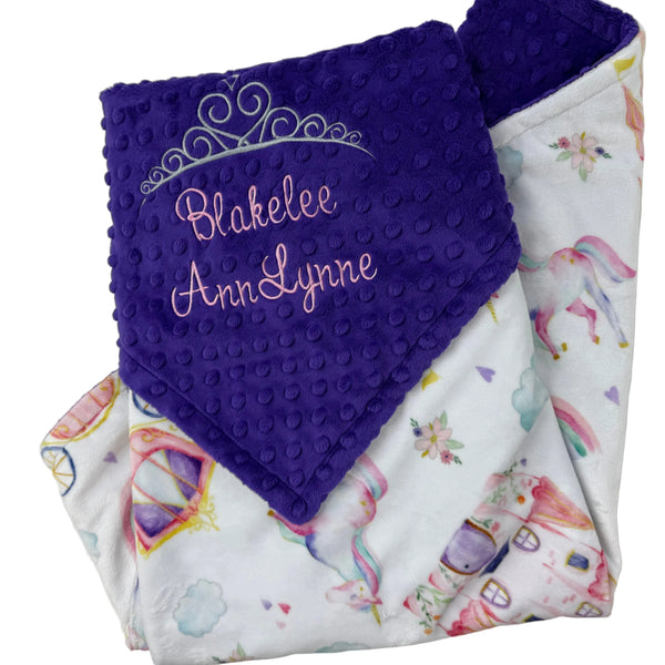 Personalized Baby Blanket in Purple and Fairtale Minky with Name and Crown, Newborn Baby Gift