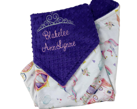 Personalized Baby Blanket in Purple and Fairtale Minky with Name and Crown, Newborn Baby Gift