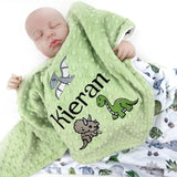 Baby wrapped in a green blanket with dinosaur designs and the name 'Kieran'.
