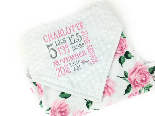Baby Girl Blanket, Pink White Rose Minky with Embroidered Birth Stats