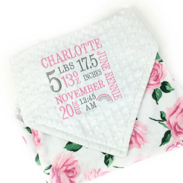 Baby Girl Blanket, Pink White Rose Minky with Embroidered Birth Stats