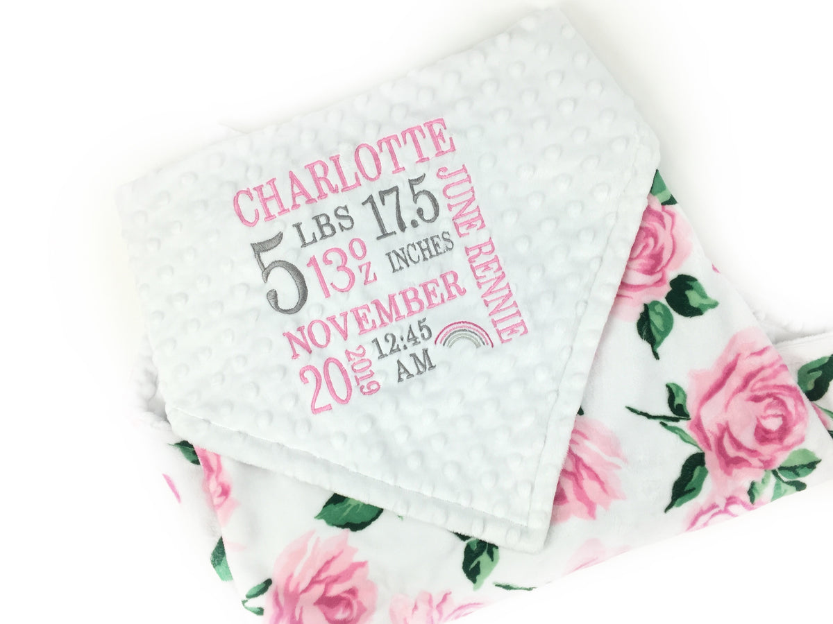 Baby Girl Blanket, Pink White Rose Minky with Embroidered Birth Stats