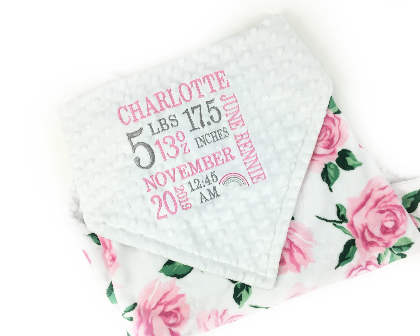 Baby Girl Blanket, Pink White Rose Minky with Embroidered Birth Stats