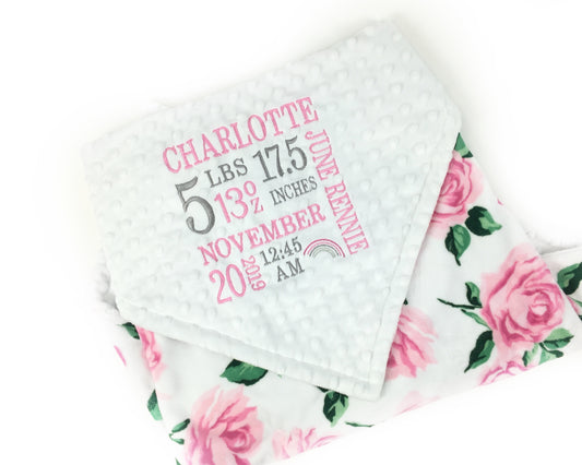 Baby Girl Blanket, Pink White Rose Minky with Embroidered Birth Stats