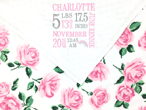 Baby Girl Blanket, Pink White Rose Minky with Embroidered Birth Stats