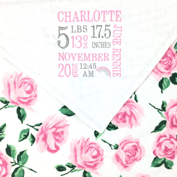Baby Girl Blanket, Pink White Rose Minky with Embroidered Birth Stats