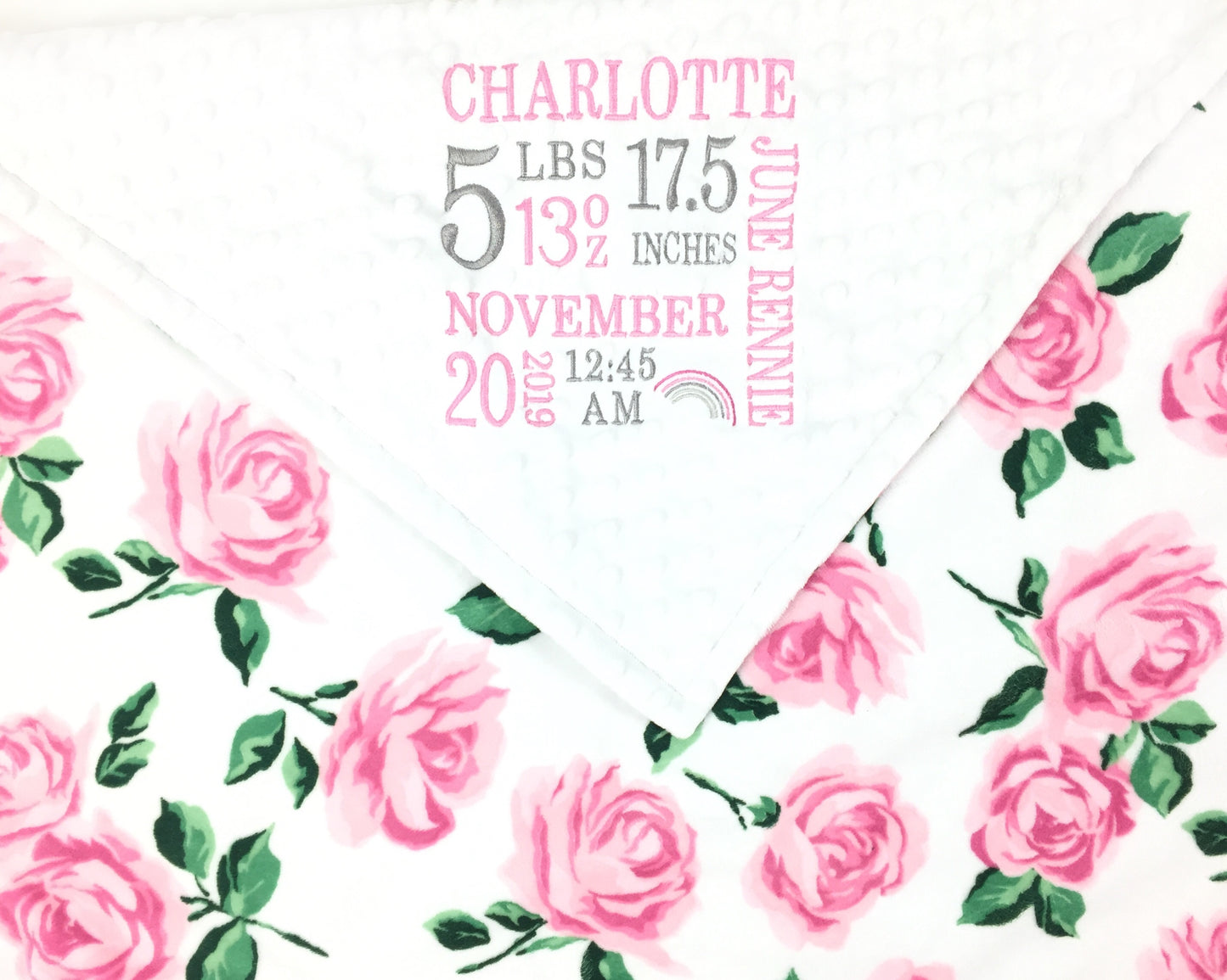 Baby Girl Blanket, Pink White Rose Minky with Embroidered Birth Stats