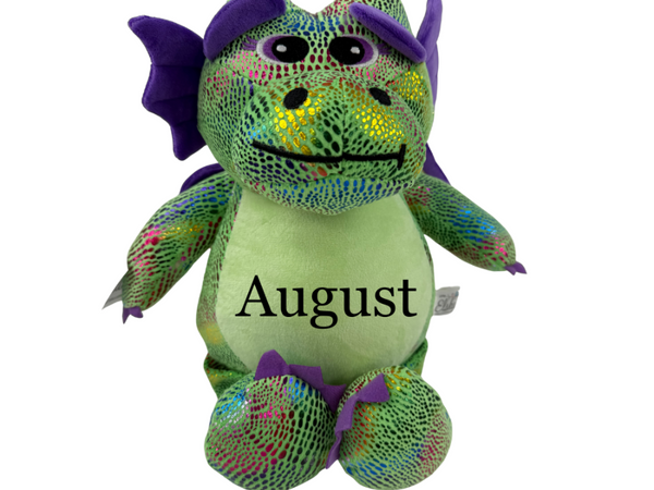 Personalized green stuffed dragon toy with embroidered name 'August', perfect keepsake gift for children.