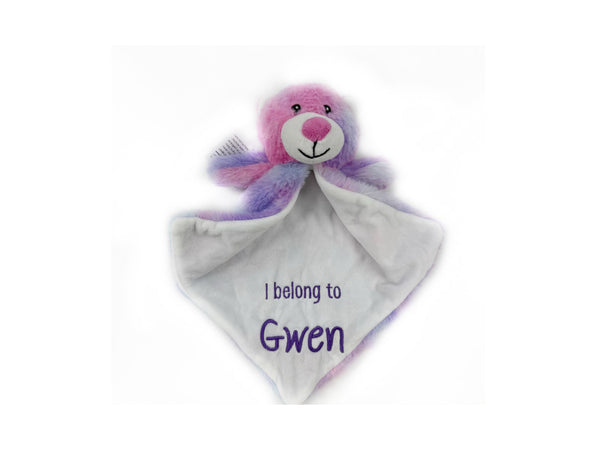 Personalized Tie Dyed Teddy Bear Lovey, Pink and Purple with Baby's Name, First Birthday Gift