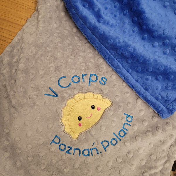 Personalized Minky Blanket in Blue and Silver with Embroidered Pierogi and V Corps
