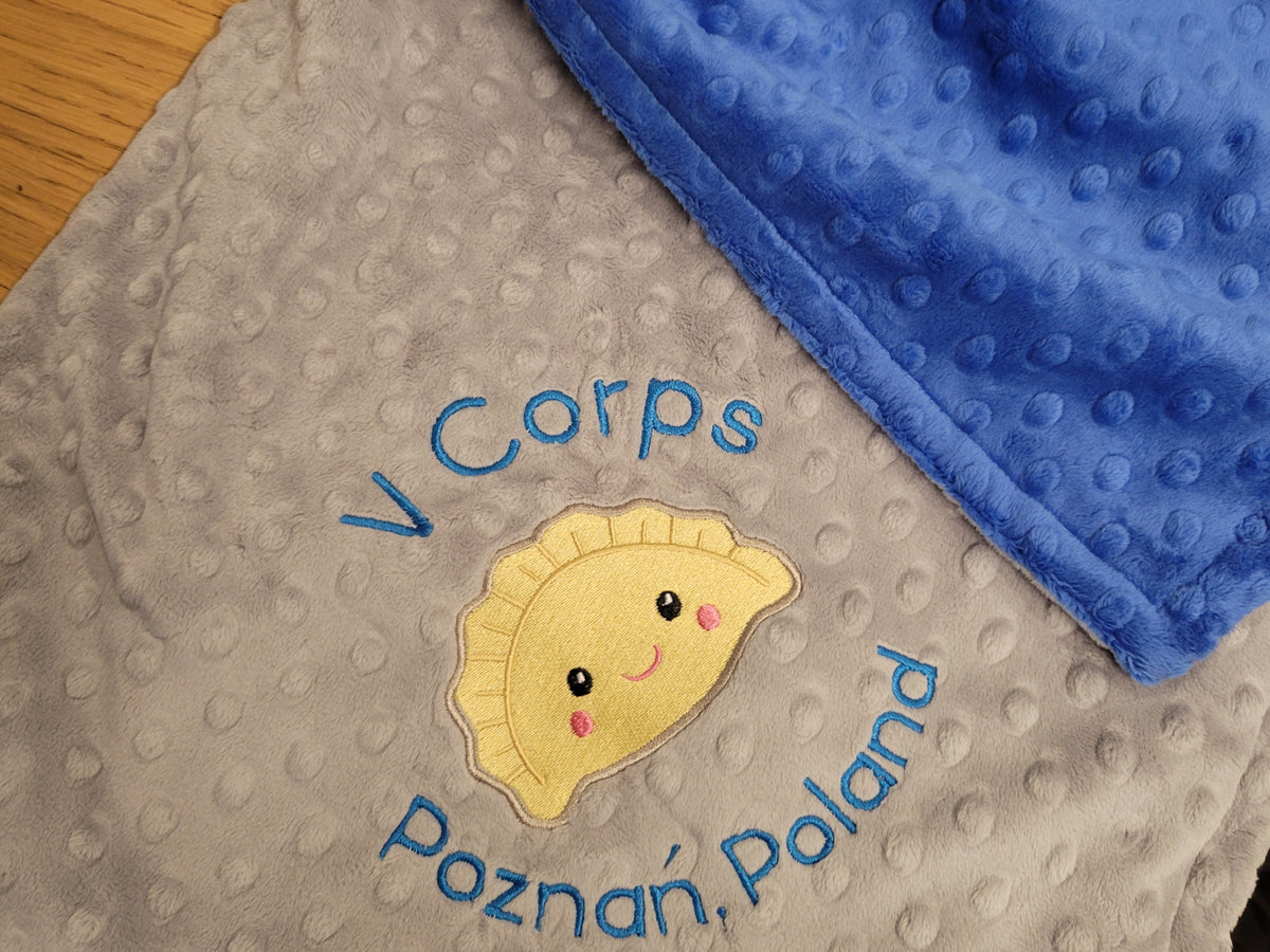 Personalized Minky Blanket in Blue and Silver with Embroidered Pierogi and V Corps