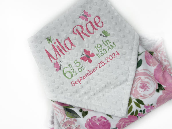 Personalized Baby Blanket in White with Pink Floral Minky with Butterfly Design and Birth Stats