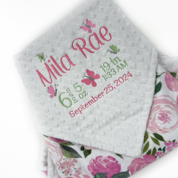 Personalized Baby Blanket in White with Pink Floral Minky with Butterfly Design and Birth Stats