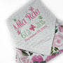 Personalized Baby Blanket in White with Pink Floral Minky with Butterfly Design and Birth Stats