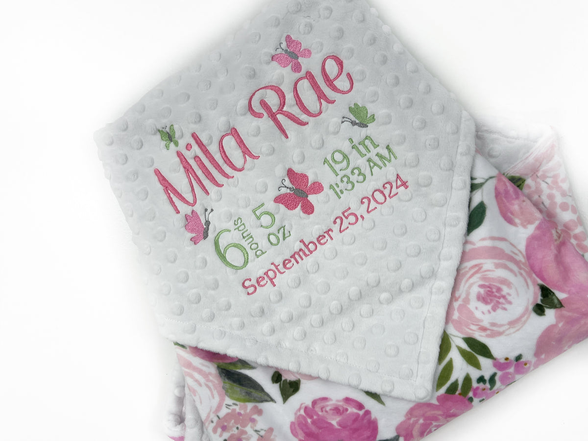 Personalized Baby Blanket in White with Pink Floral Minky with Butterfly Design and Birth Stats