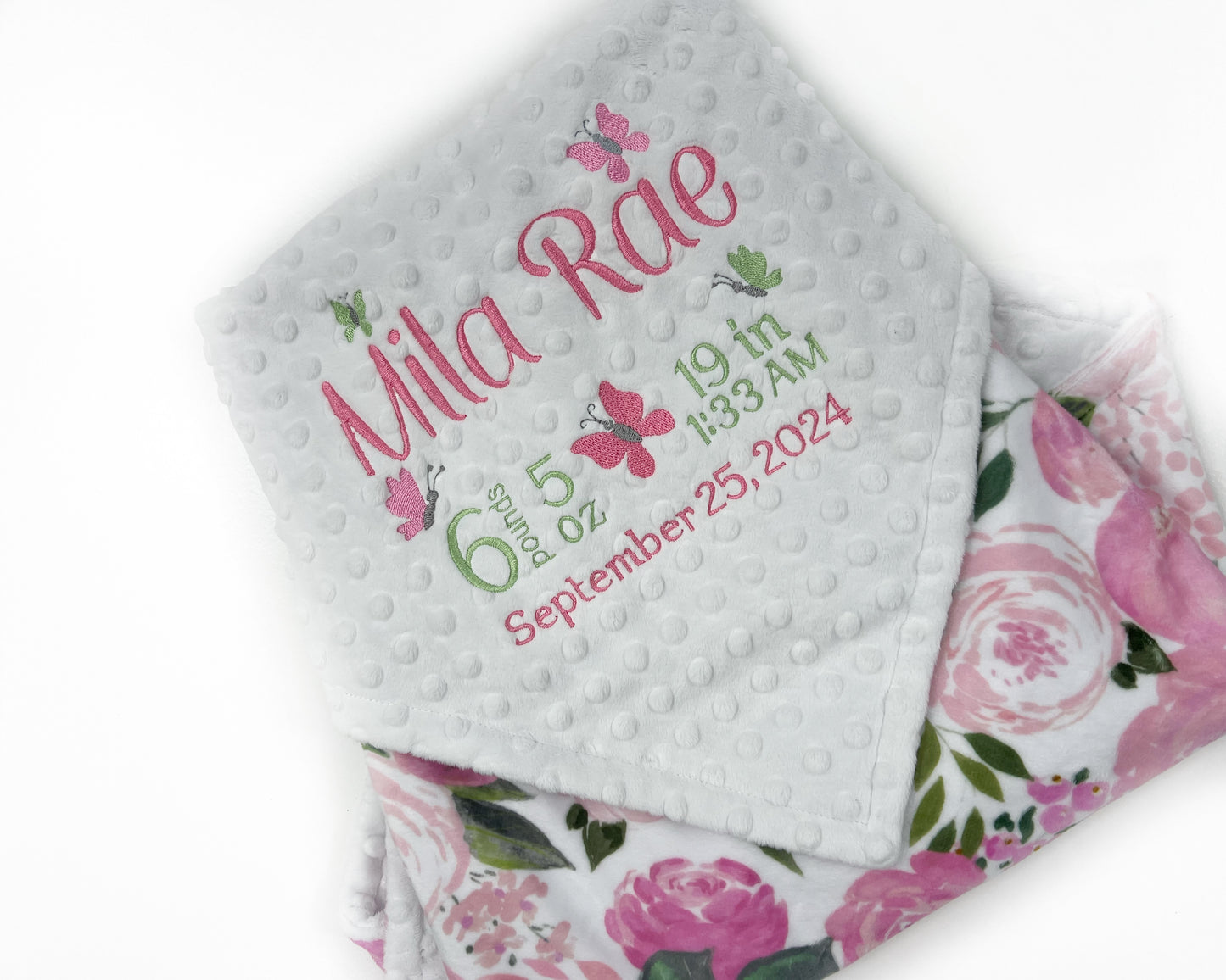 Personalized Baby Blanket in White with Pink Floral Minky with Butterfly Design and Birth Stats