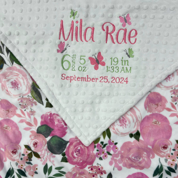 Personalized Baby Blanket in White with Pink Floral Minky with Butterfly Design and Birth Stats