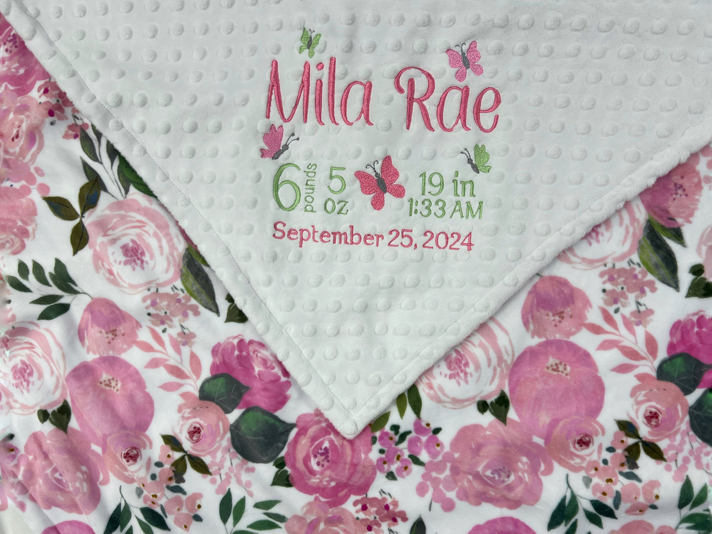 Personalized Baby Blanket in White with Pink Floral Minky with Butterfly Design and Birth Stats