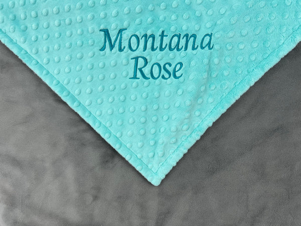 Baby Blanket with Embroidered Name in Aqua and Gray Minky