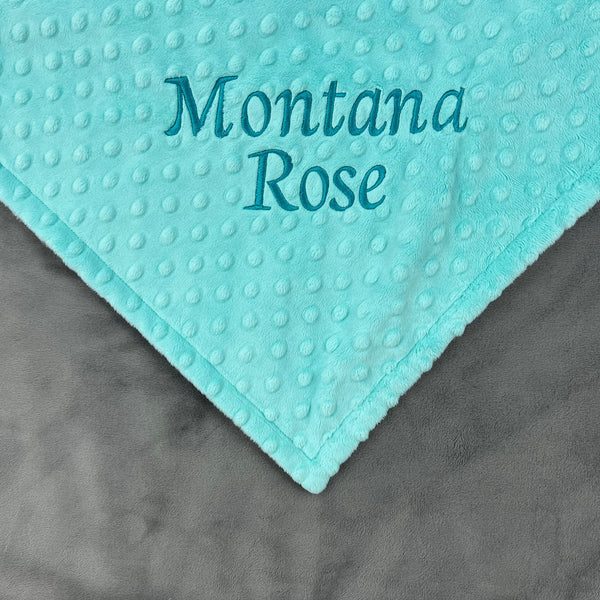 Baby Blanket with Embroidered Name in Aqua and Gray Minky