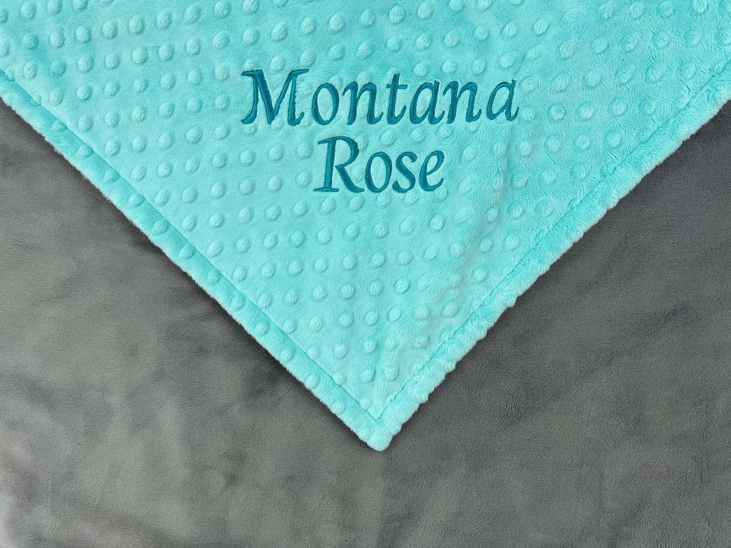 Baby Blanket with Embroidered Name in Aqua and Gray Minky