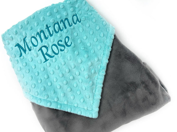 Baby Blanket with Embroidered Name in Aqua and Gray Minky