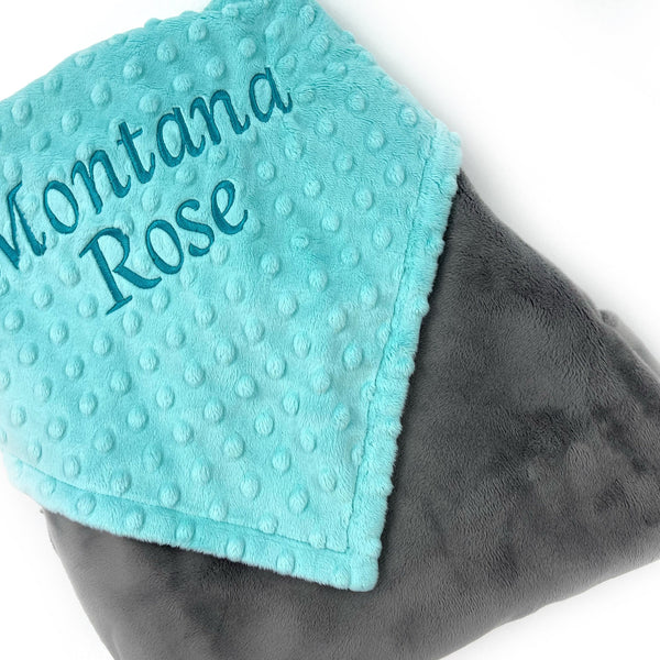 Baby Blanket with Embroidered Name in Aqua and Gray Minky