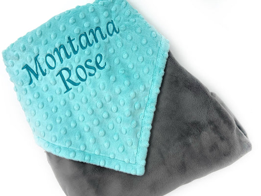 Baby Blanket with Embroidered Name in Aqua and Gray Minky