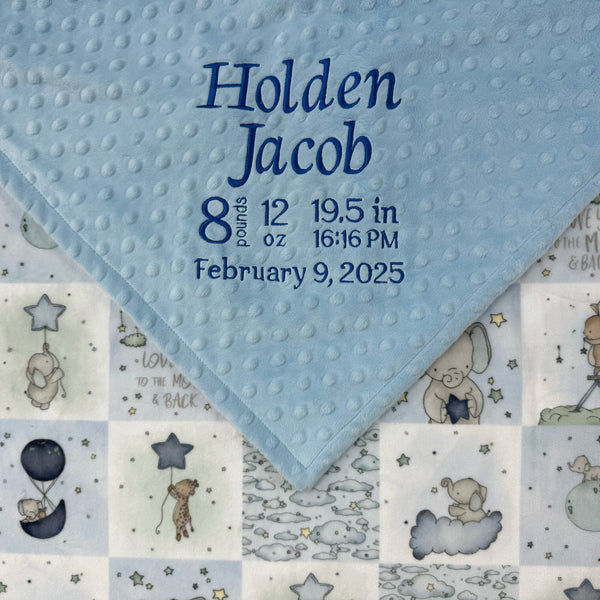 Personalized Baby Blanket, Blue and Gray Embroidered Minky with Birth Stats